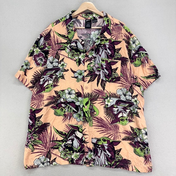 Star Wars Hawaiian Shirt Mens 3XLT Grogu Floral Rayon Baby Yoda Mandolorian Camp - Picture 1 of 6